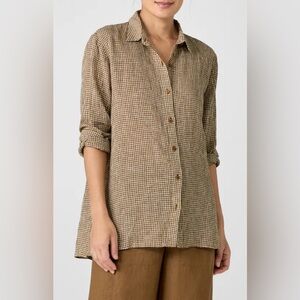 Eileen Fisher Relaxed Classic Shirt NWT Bronze Gingham Organic Puckered Linen S